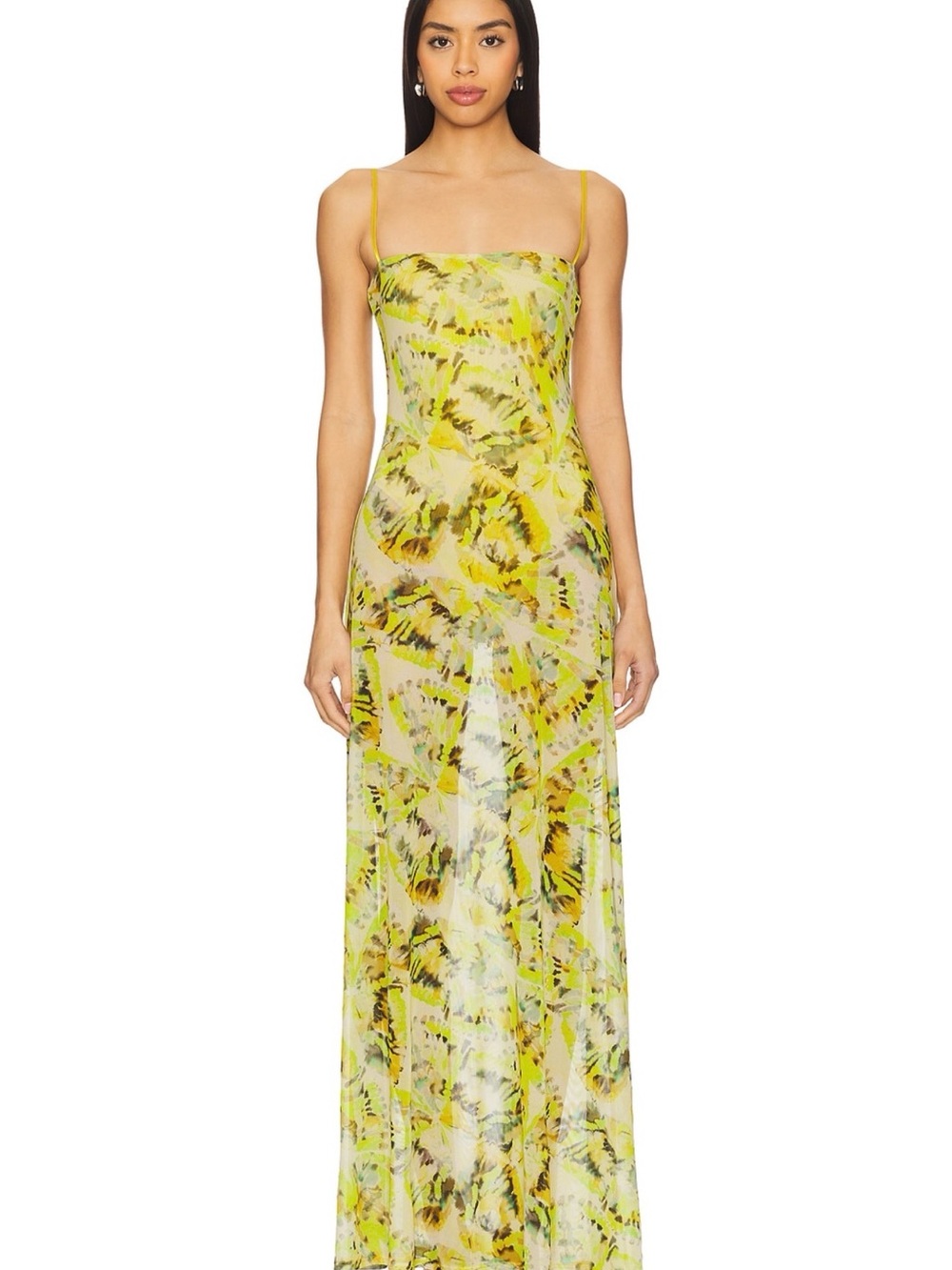 Afrm Yellow Floral Print Spaghetti Strap Maxi Dress M